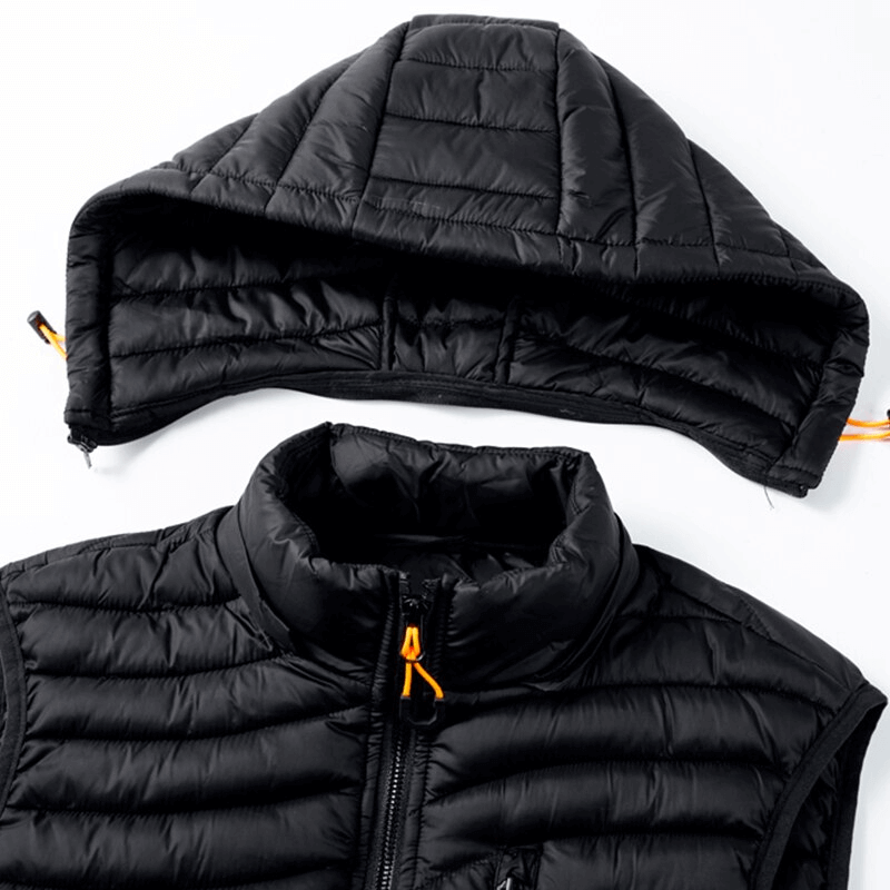 Black stylish men's sports vest with detachable hood, zippered pockets, and warm lining, perfect for outdoor winter activities.